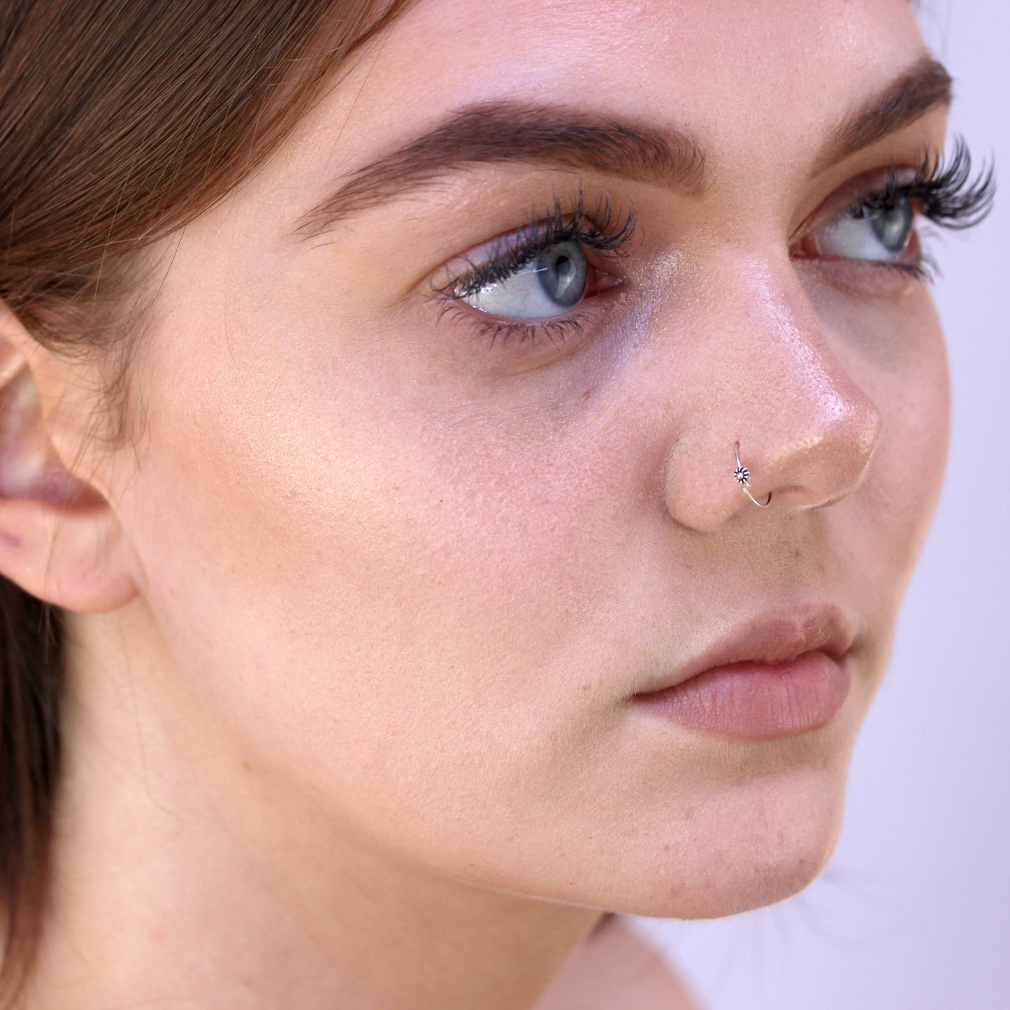 Sterling Silver Flower Hoop Nose & Ear Tragus Ring Oxidised
