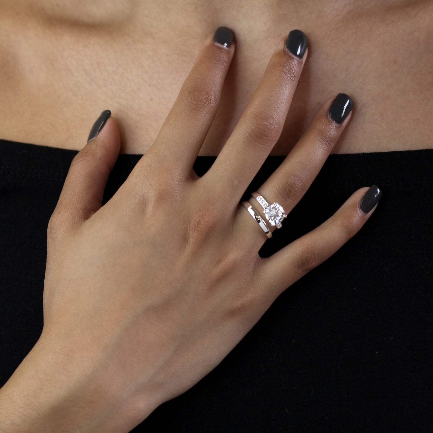 Sterling Silver & CZ Crystal Engagement Ring & Wedding Band Set