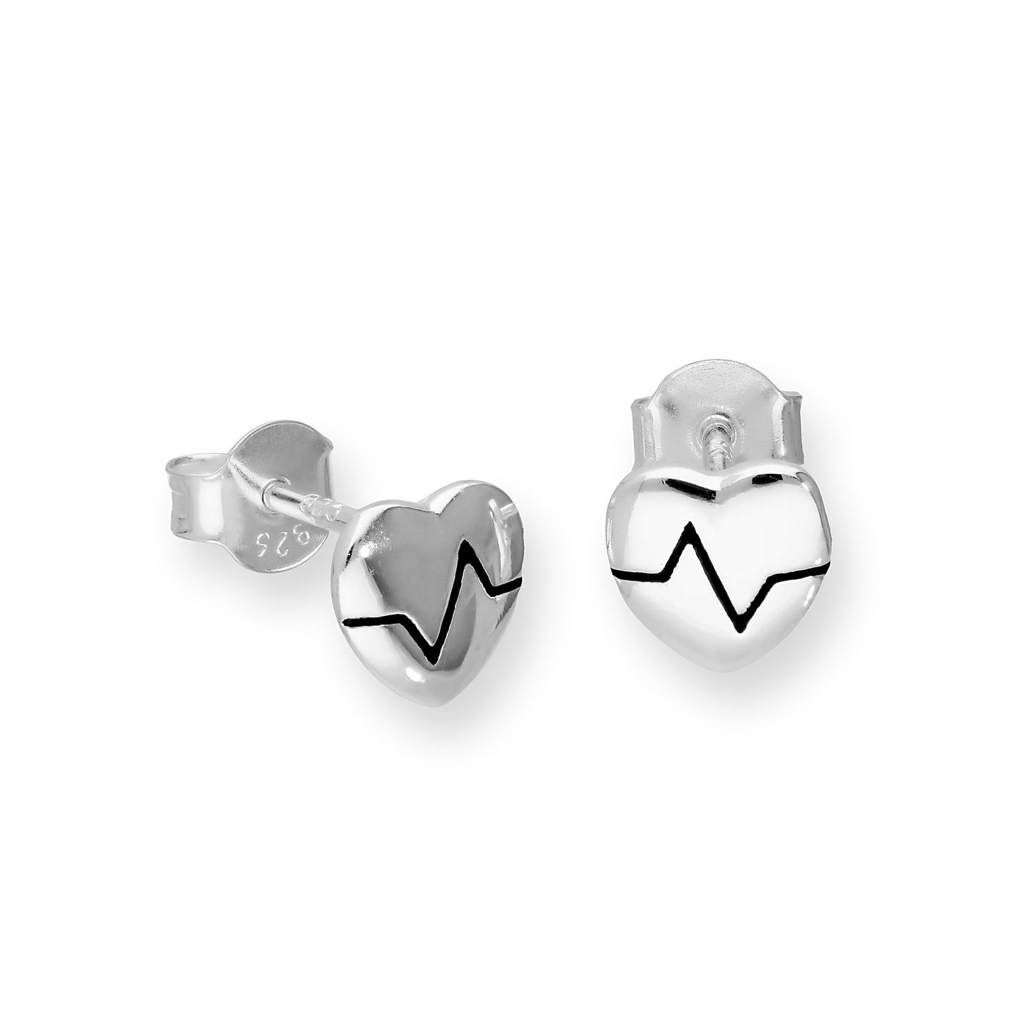 Sterling Silver Heart w Heartbeat Stud Earrings