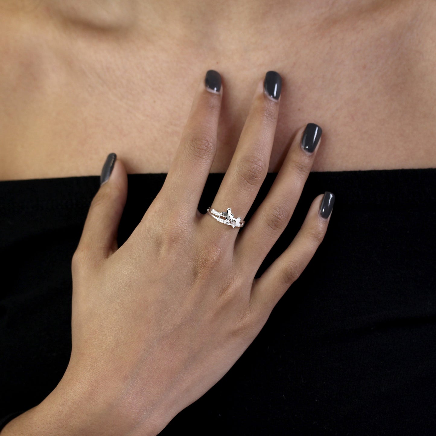 Sterling Silver Split Band Ring with CZ Crystal & Butterflies - UK Size J-W