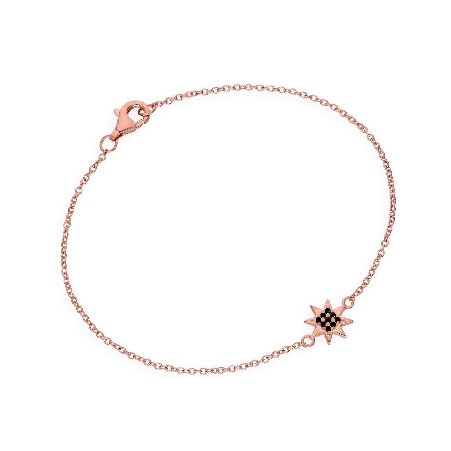 Rose Gold Plated Sterling Silver & Black CZ Crystal 7 Inch Star Bracelet