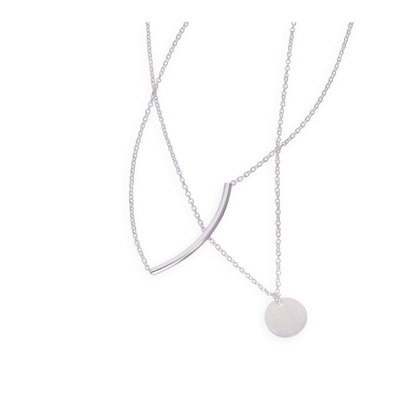 Sterling Silver Curve and Circle Double Drop Necklace w 20 Inch Chain