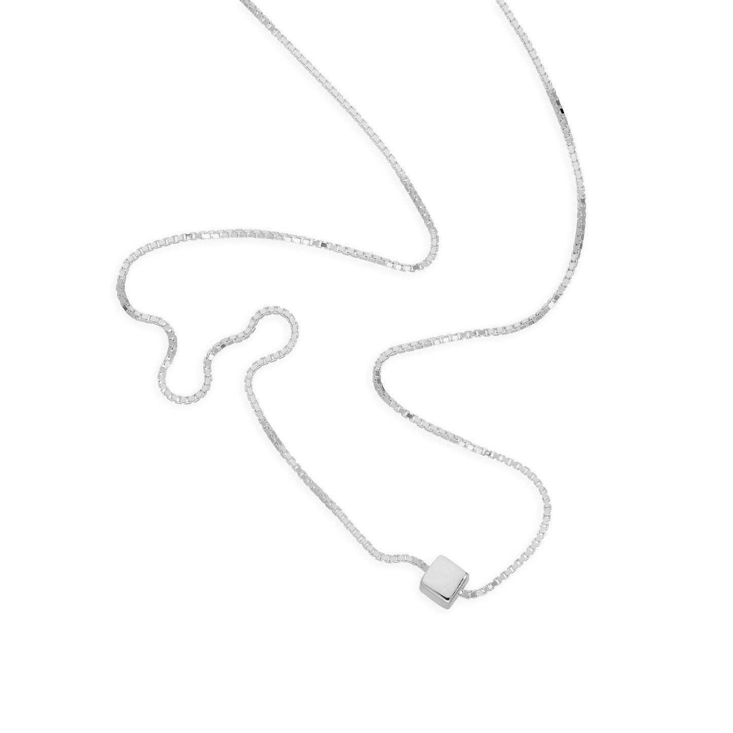 Sterling Silver 18 Inch Box Chain Necklace w Cube Bead