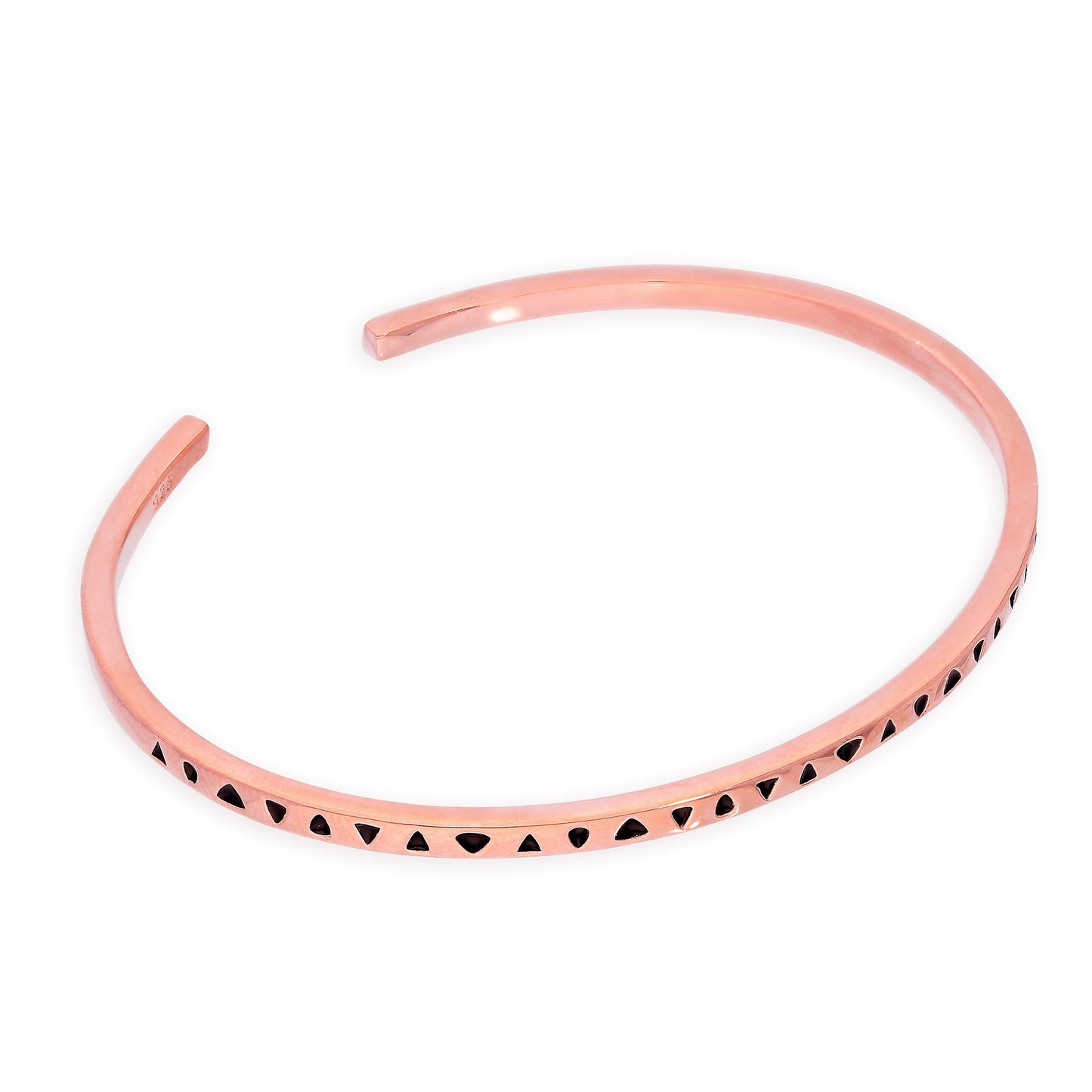 Rose Gold Plated Sterling Silver Oval Maiden Teenage Bangle w Black Triangles Design