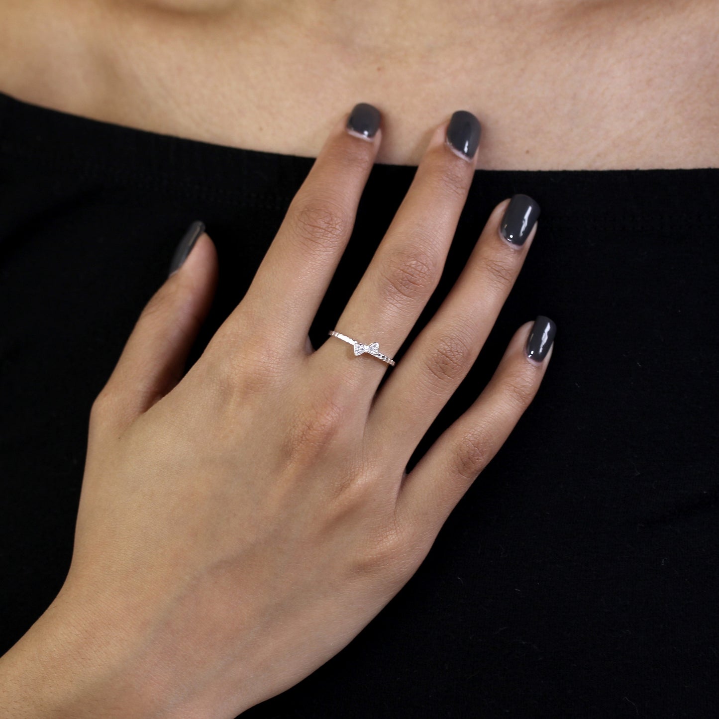 Sterling Silver 1mm Ring with CZ Crystal Bow - Size J - W