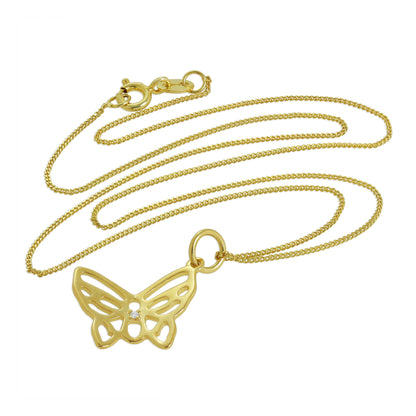 Gold Plated Sterling Silver & Genuine Diamond Open Butterfly Necklace