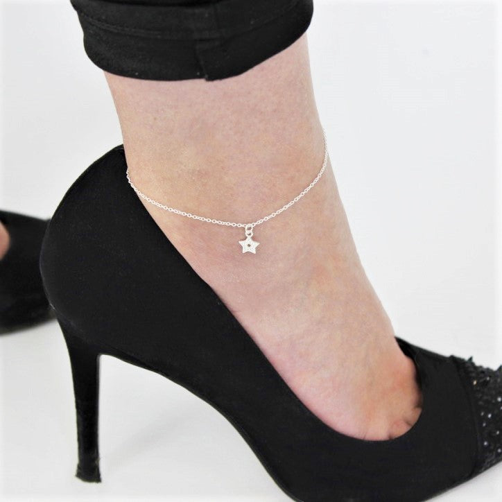 Sterling Silver & CZ Crystal Encrusted Star Anklet
