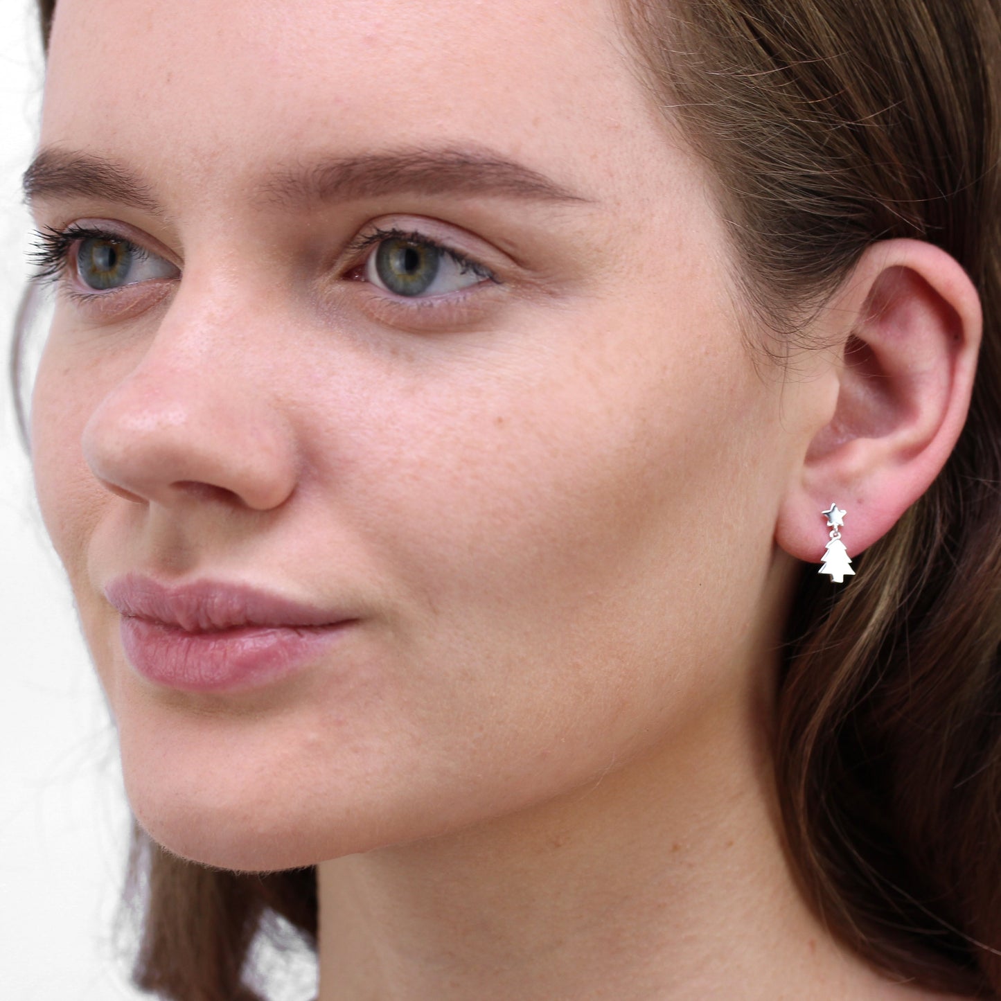 Sterling Silver Christmas Tree & Star Dangle Stud Earrings