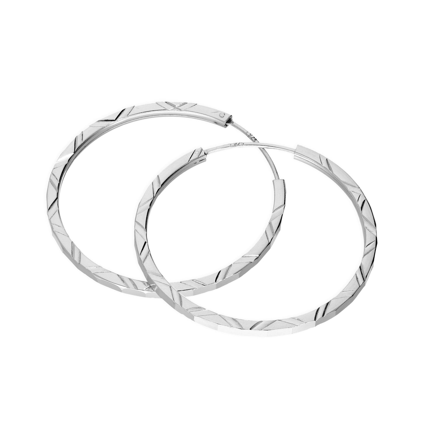 Sterling Silver 35mm Diamond Cut Sleeper Hoop Earrings