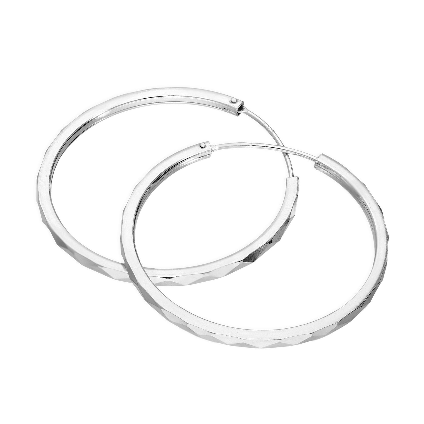 Sterling Silver Diamond Faceted 35mm Sleeper Hoop Earrings