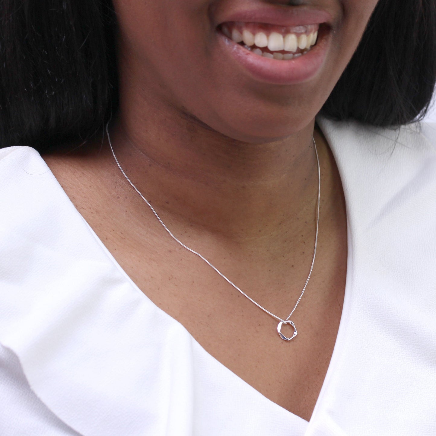 Sterling Silver Polished Pentagon Cut Ring Bead Pendant Necklace 16-22 Inches