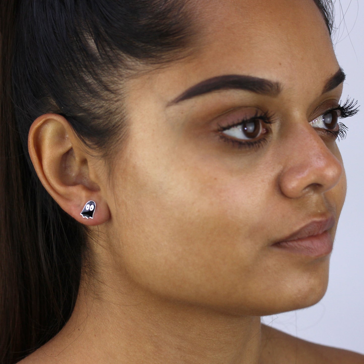 Cute Retro Sterling Silver & Black Enamel Gaming Ghost Stud Earrings