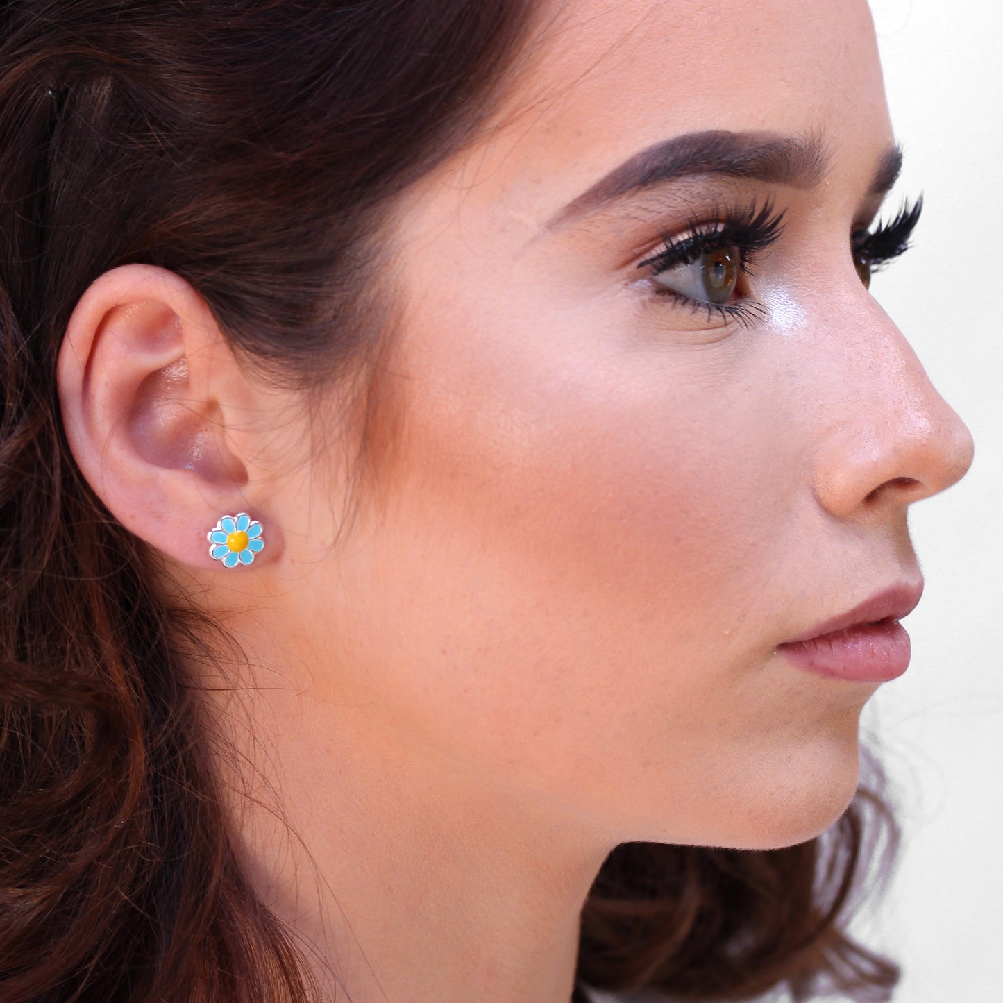 Sterling Silver & Blue & Yellow Enamel Daisy Flower Stud Earrings