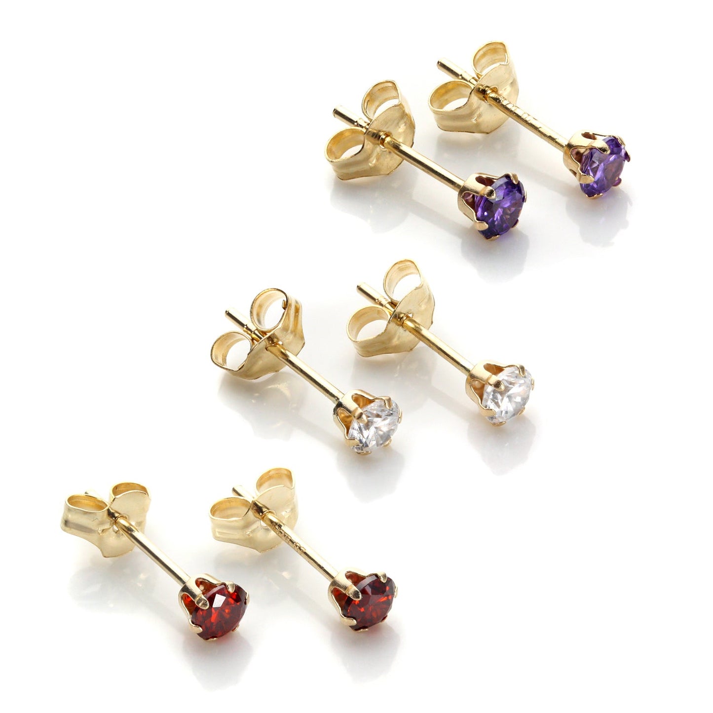 9ct Gold 3mm Crystal Stud Earrings Set