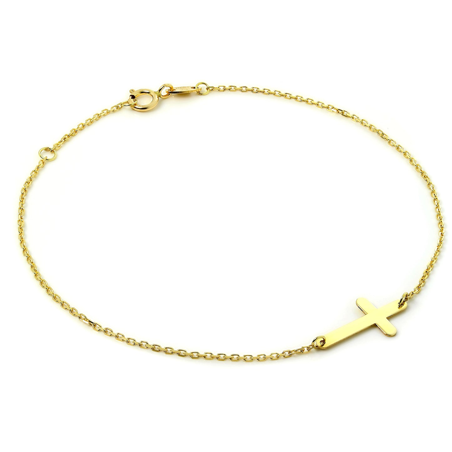 Fine 9ct Gold Trace Chain Bracelet with Cross 7.5 Inches