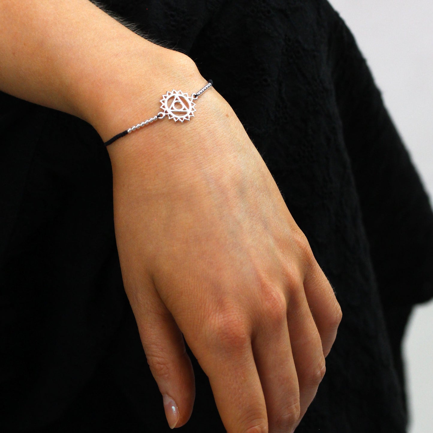 Sterling Silver & Black Cord Throat Chakra Bracelet