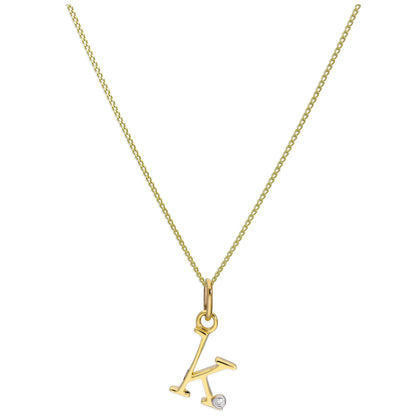 9ct Yellow Gold Single Stone Diamond 0.4 points Letter K Necklace Pendant 16 - 20 Inches
