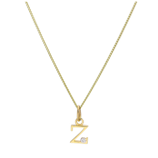9ct Yellow Gold Single Stone Diamond 0.4 points Letter Z Necklace Pendant 16 - 20 Inches