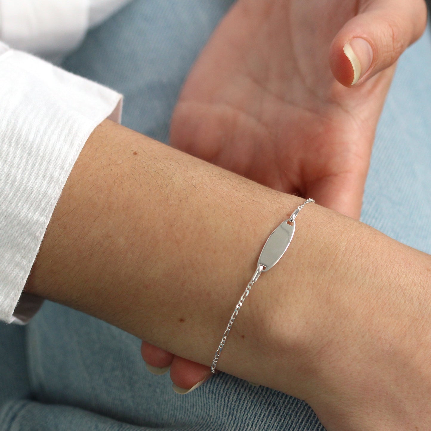 Sterling Silver Figaro Chain Engravable ID Plate 6 Inch Bracelet