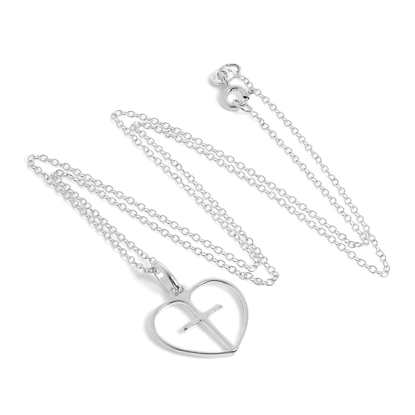 Simple Sterling Silver Open Heart with Cross Pendant on 18 Inch Chain