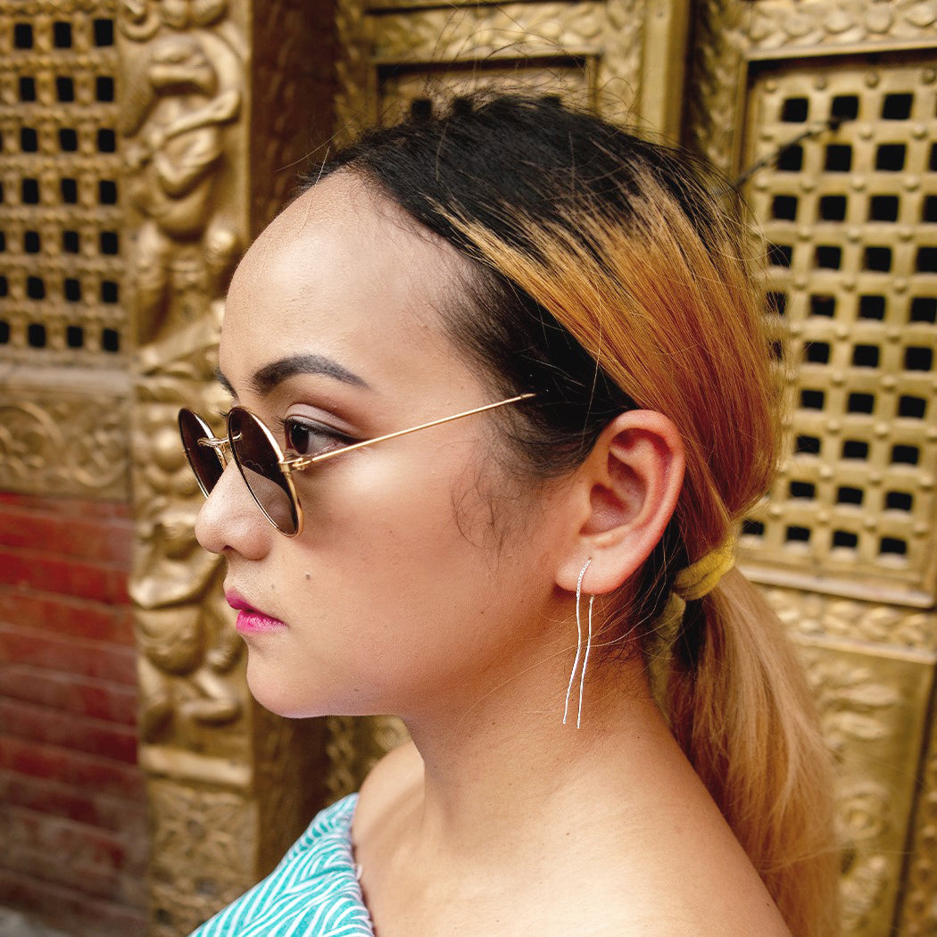 Sterling Silver Wavey Bar Long Dangle Pull Through Earrings