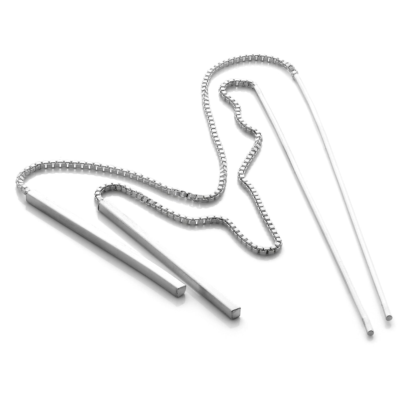 Sterling Silver Long Bar Pull Through Box Chain Earrings