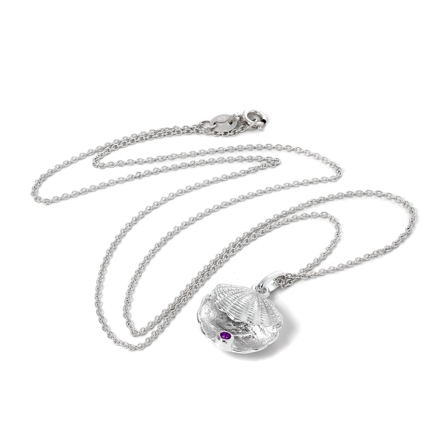 Sterling Silver Oyster Shell with CZ Crystal Purple Birthstone Necklace