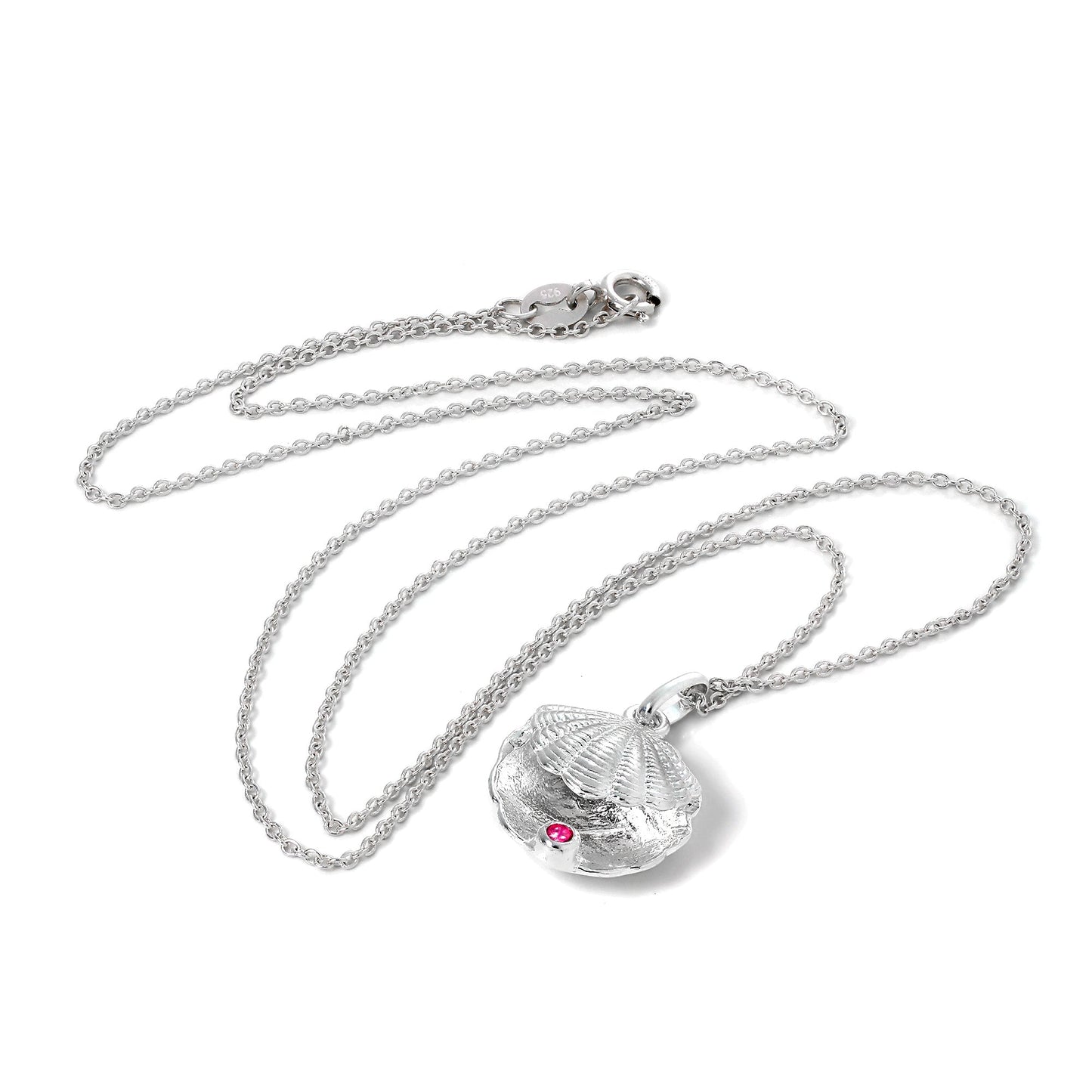 Sterling Silver Oyster Shell with CZ Crystal Ruby Birthstone Necklace