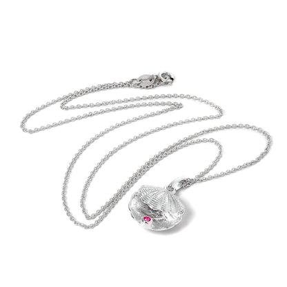 Sterling Silver Oyster Shell with CZ Crystal Ruby Birthstone Necklace