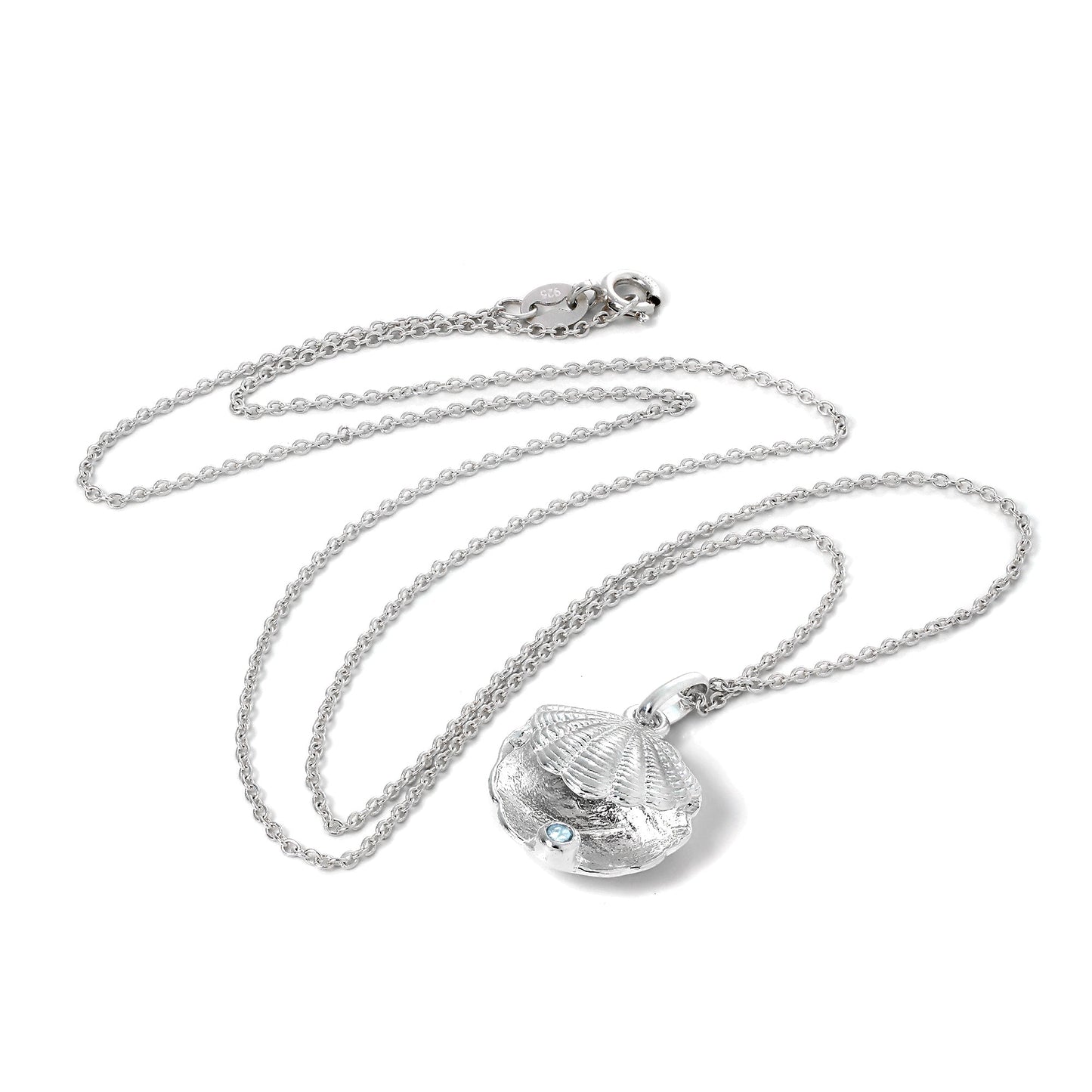 Sterling Silver Oyster Shell with CZ Crystal Aquamarine Birthstone Necklace