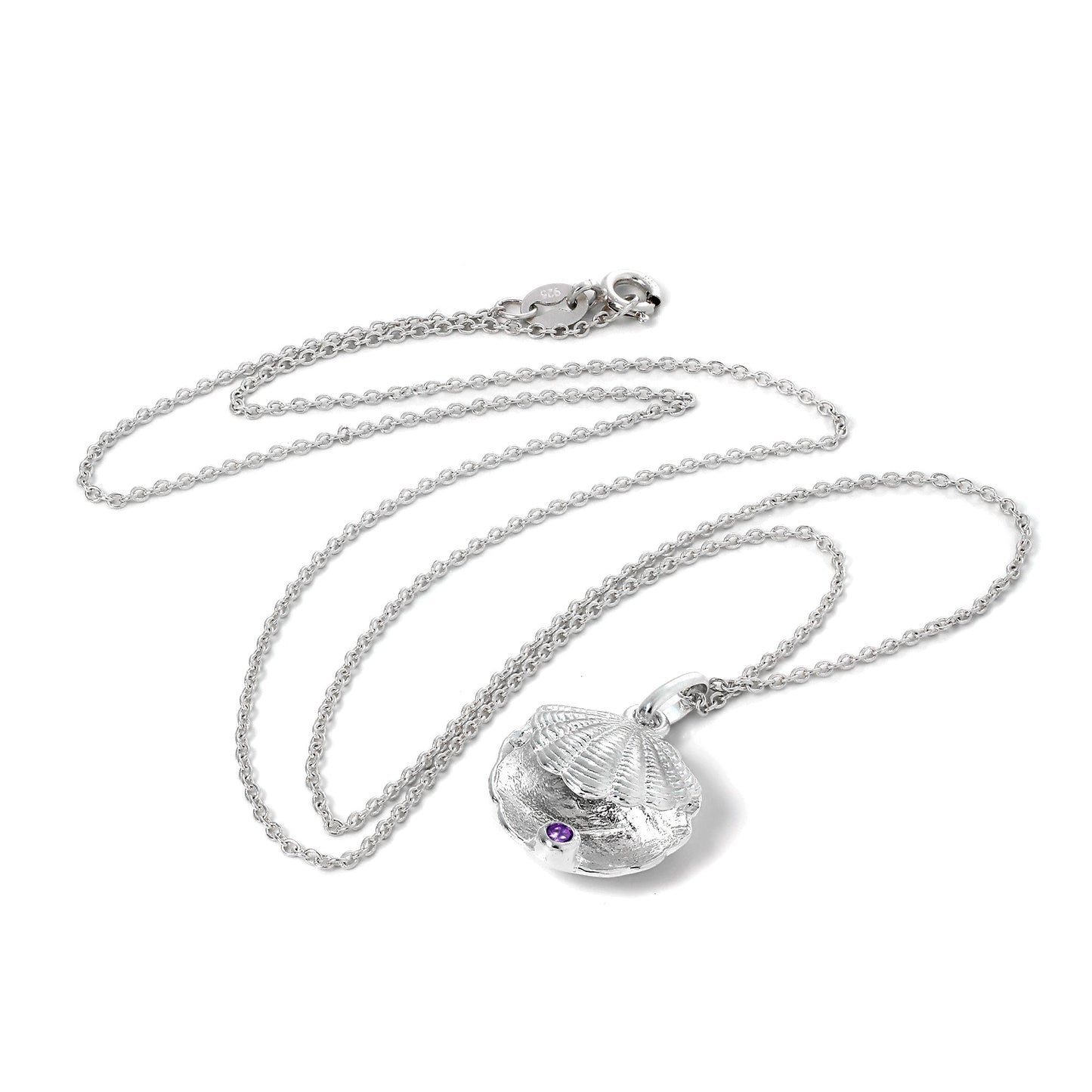 Sterling Silver Oyster Shell with CZ Crystal Amethyst Birthstone Necklace