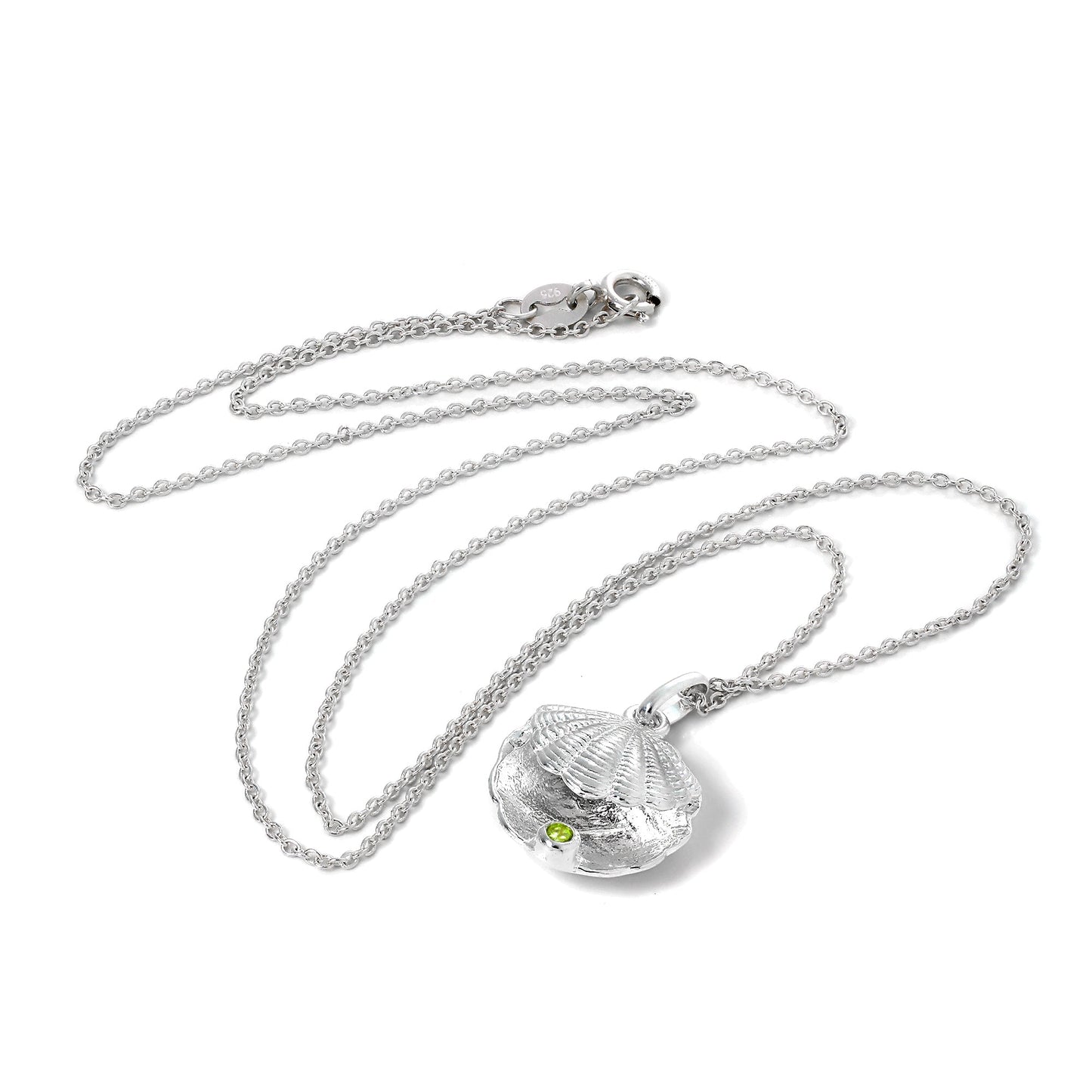 Sterling Silver Oyster Shell with CZ Crystal Peridot Birthstone Necklace