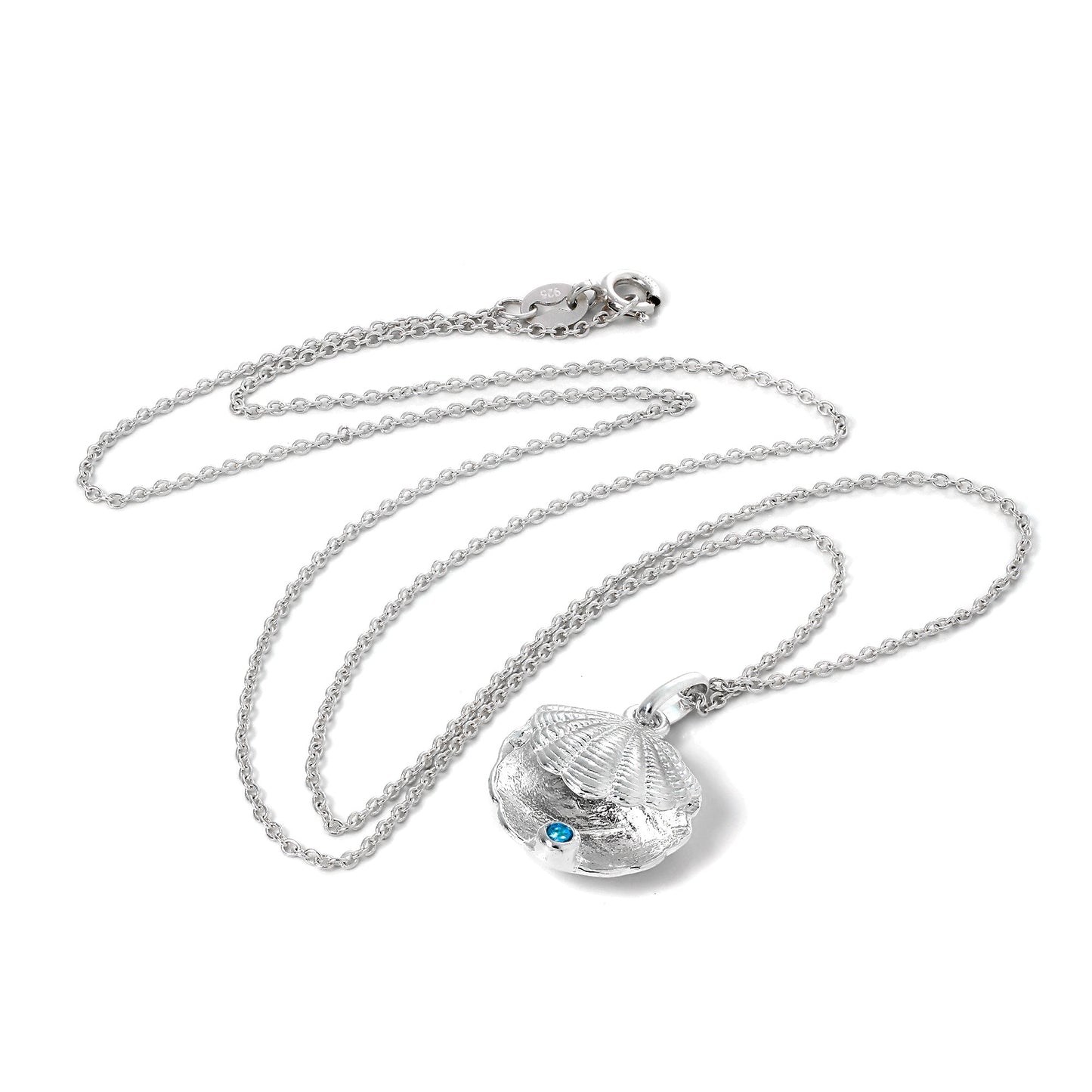 Sterling Silver Oyster Shell with CZ Crystal Blue Zircon Birthstone Necklace
