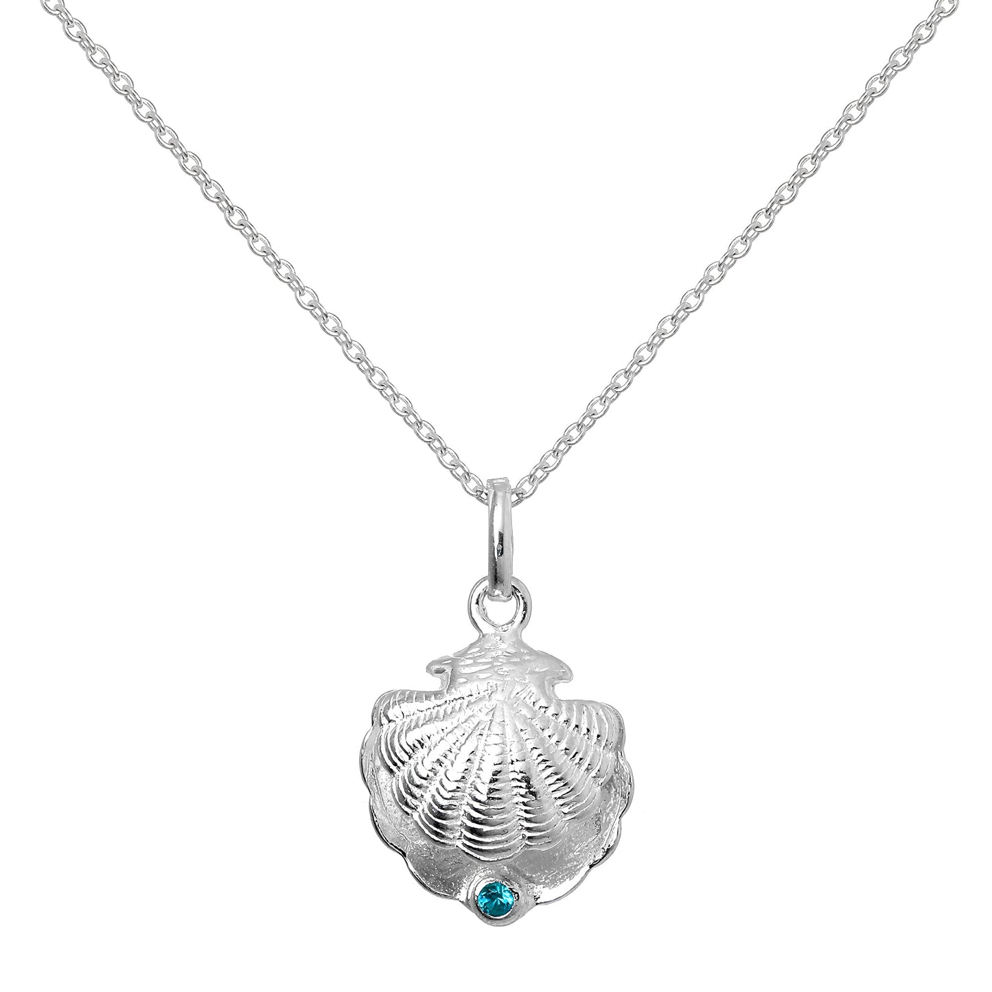 Sterling Silver Oyster Shell with CZ Crystal Blue Zircon Birthstone Necklace