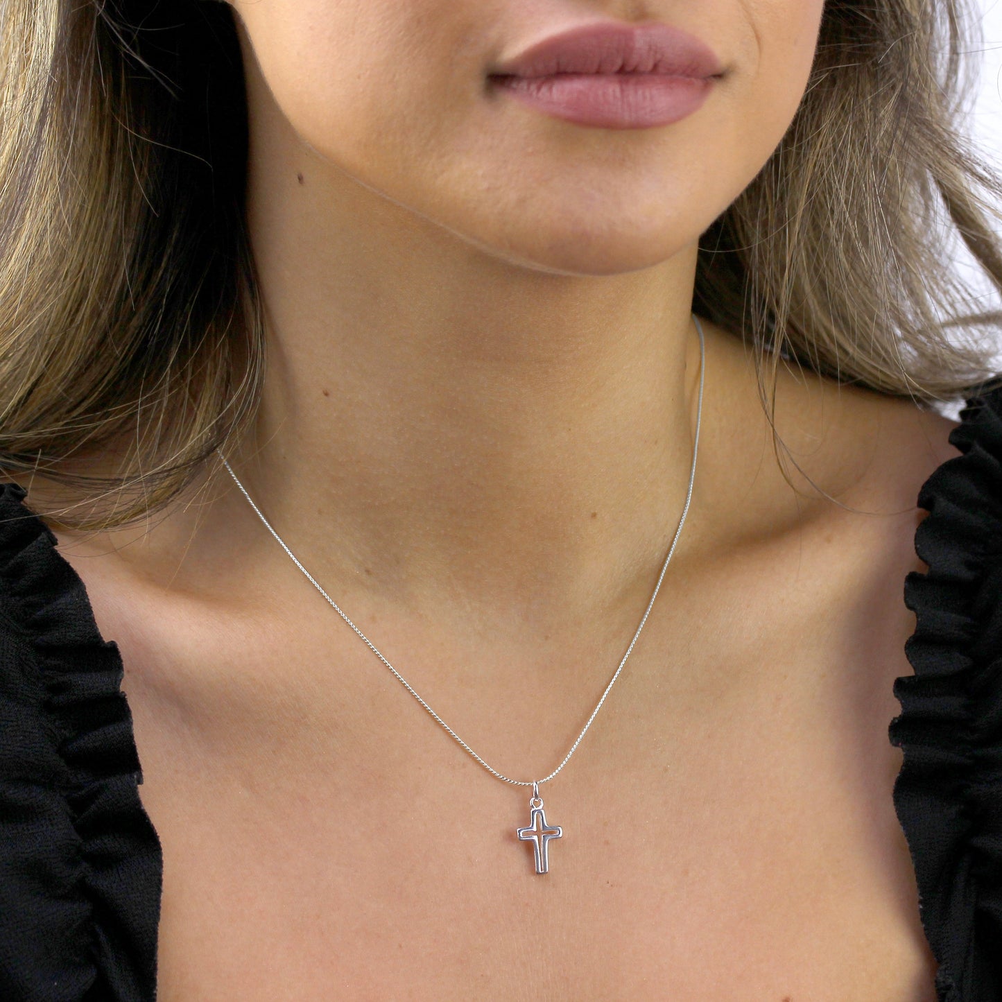 Sterling Silver Outline Cross Pendant Necklace