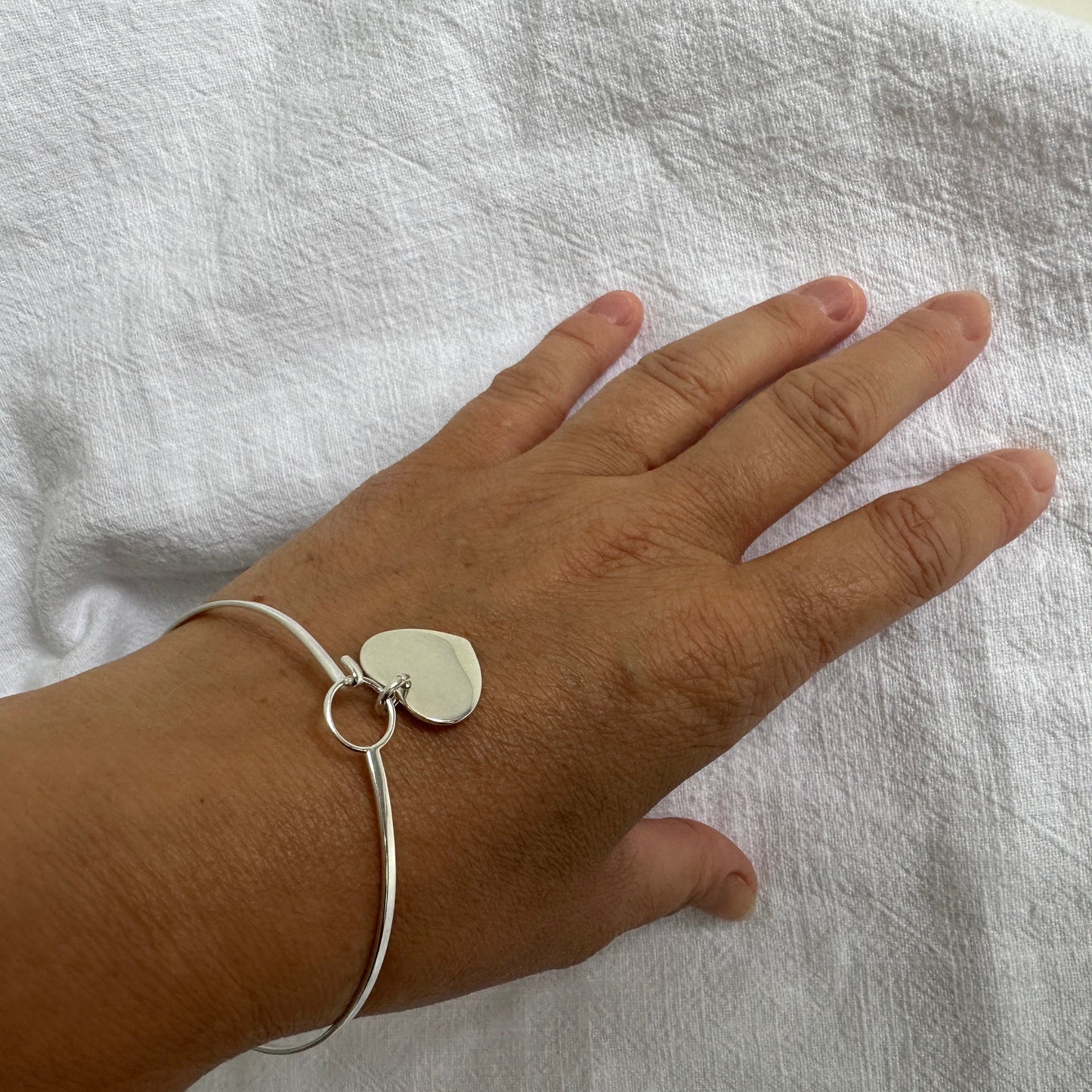 Sterling Silver Hook & Eye Bangle with Engravable Heart Charm