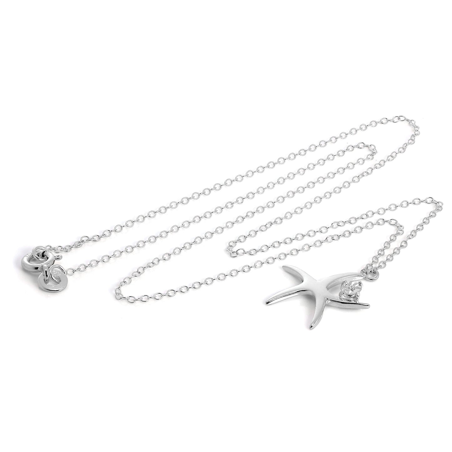 Sterling Silver Starfish with CZ Crystal Pendant Necklace on 16 Inch Chain