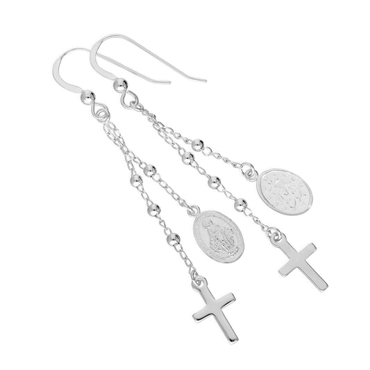 Sterling Silver Cross & Miraculous Medal Dangle Drop Earrings