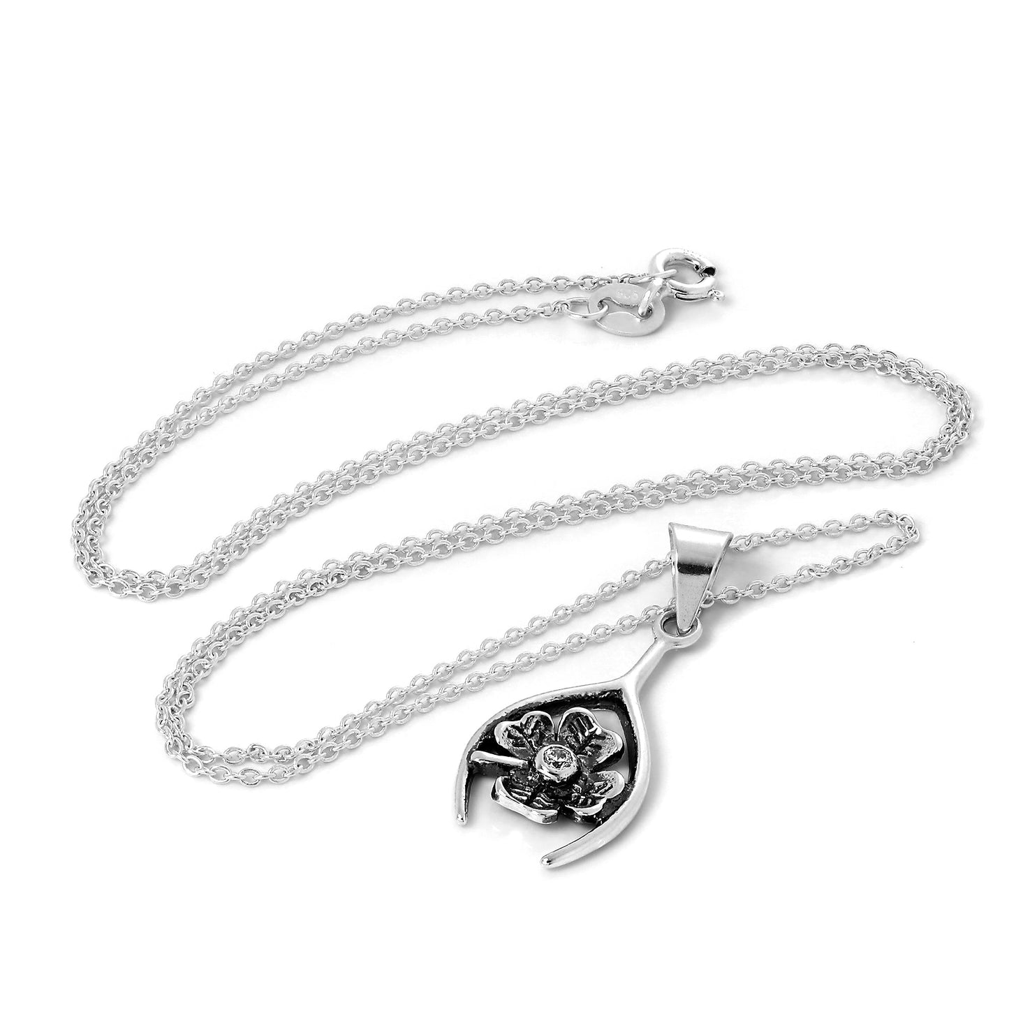 Sterling Silver Lucky Clover & Wishbone Pendant Necklace