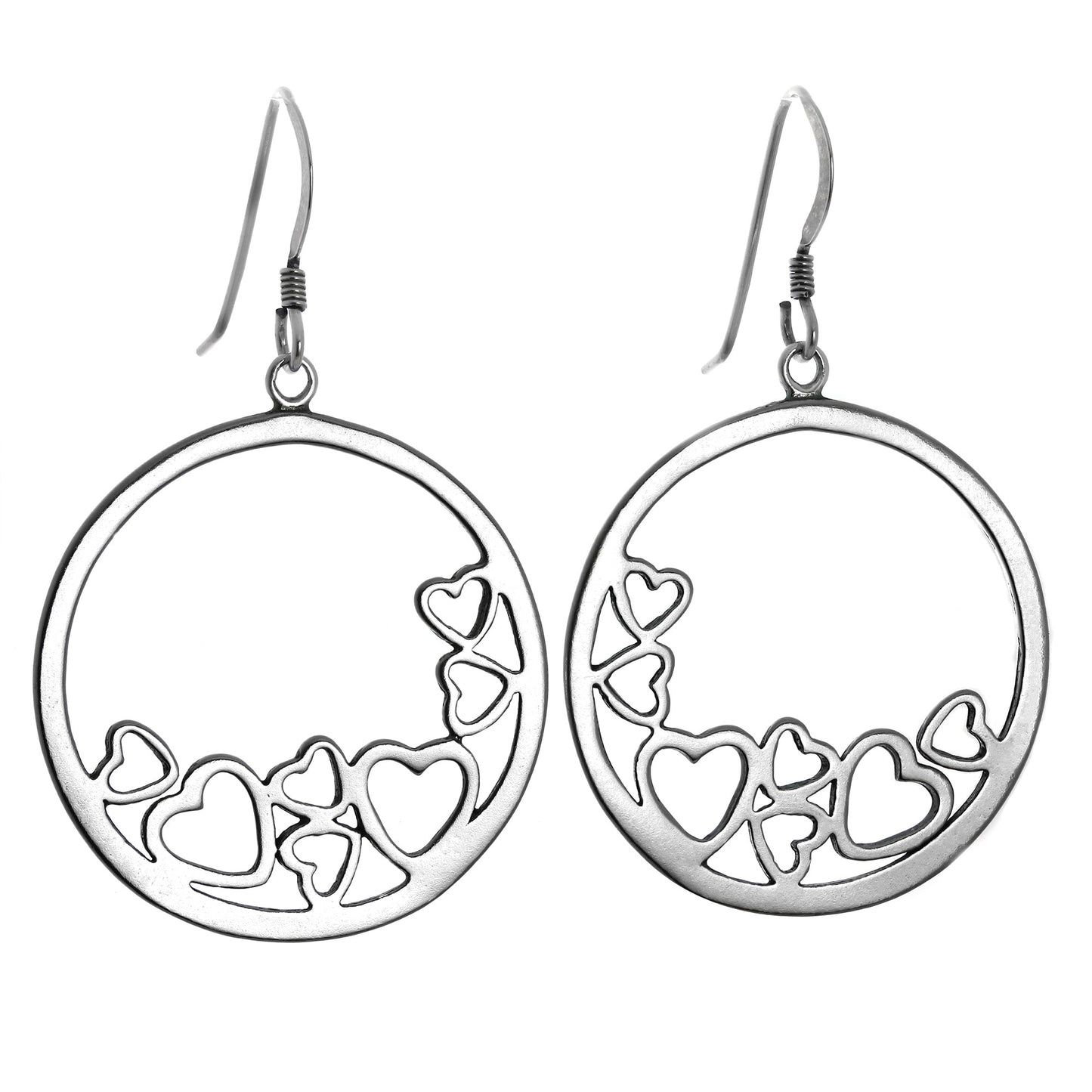 Large Sterling Silver Open Hearts Disc Dangly Earrings