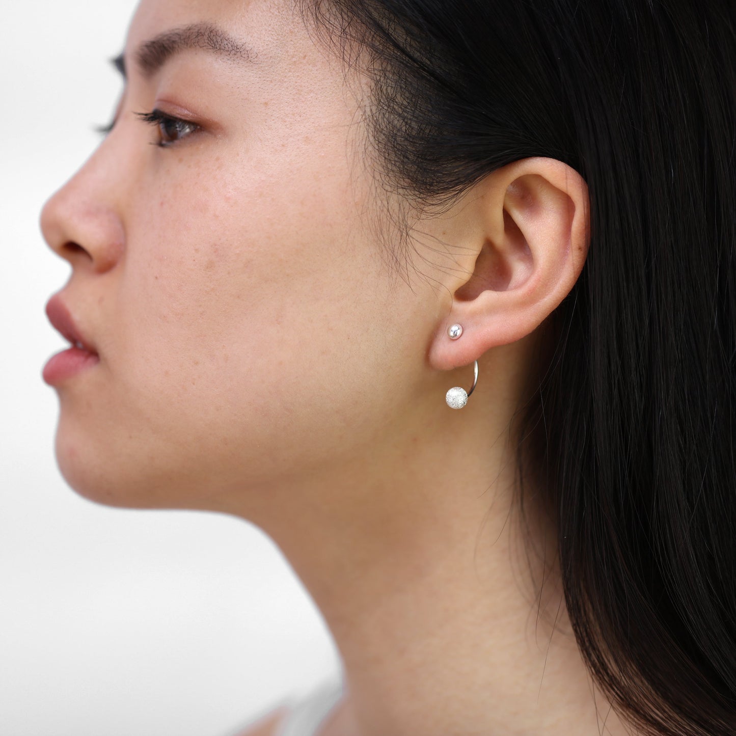 Sterling Silver Frosted Ball Half Hoop Stud Earrings