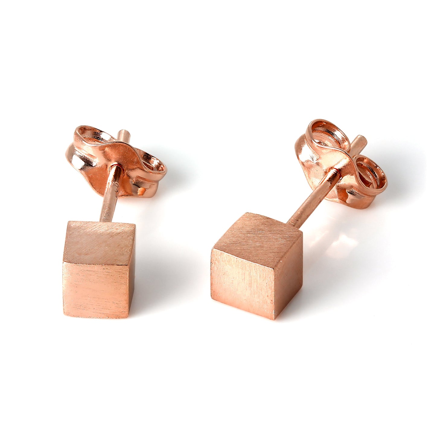 Rose Gold Plated Sterling Silver Matt Finish 4mm Cube Stud Earrings