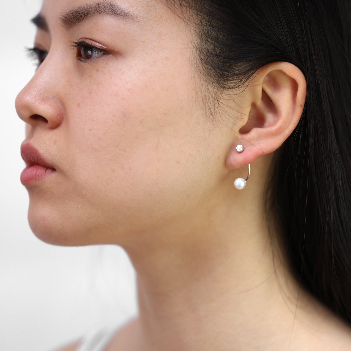 Sterling Silver Ear Jacket Stud Earrings with CZ Crystal & Pearl