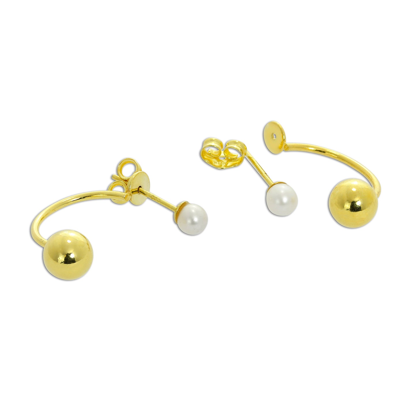 Gold Plated Sterling Silver Pearl Half Hoop & Ball Stud Earrings