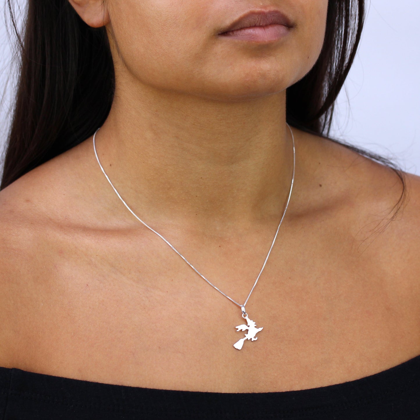 Sterling Silver Witch on a Broomstick Pendant Necklace 14 - 22 Inches