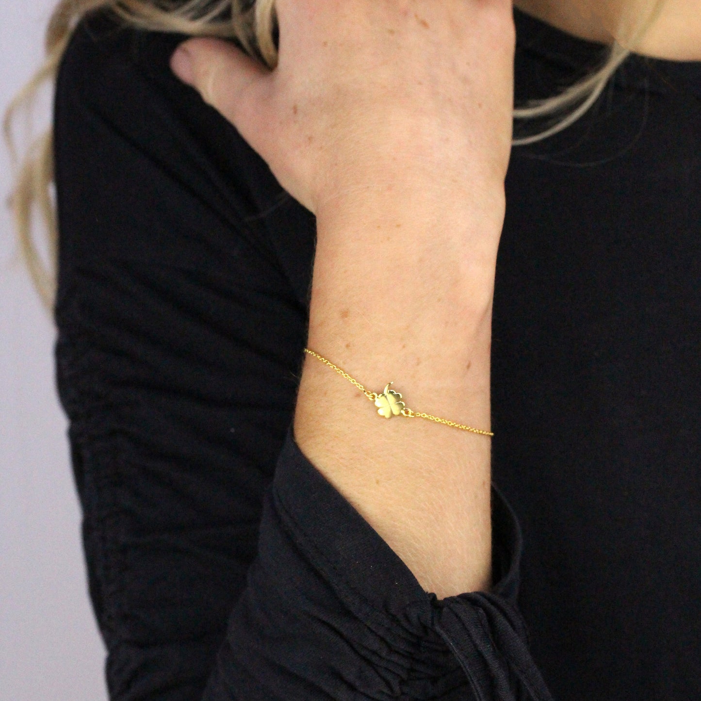 Gold Plated Sterling Silver Four Leaf Clover 7 Inch Bracelet