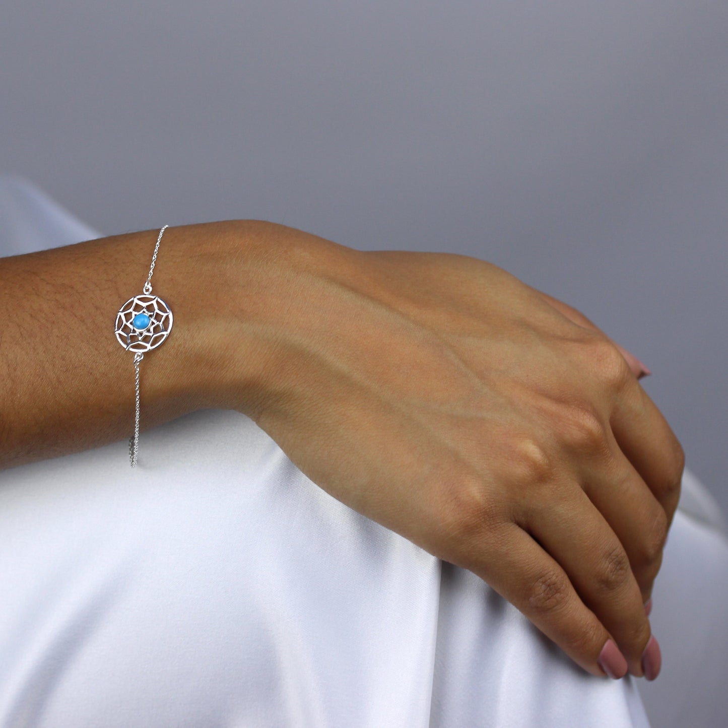 Sterling Silver & Blue Enamel Dreamcatcher Bracelet 7 Inches