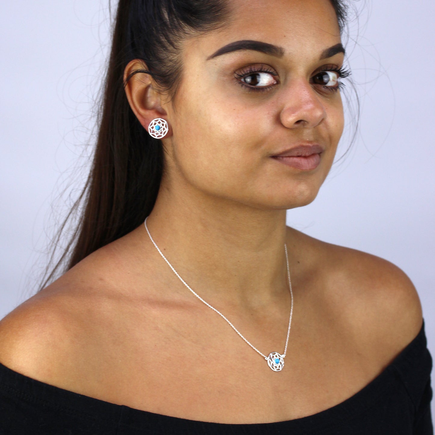 Sterling Silver & Blue Enamel Dreamcatcher Necklace w 18 Inch Chain