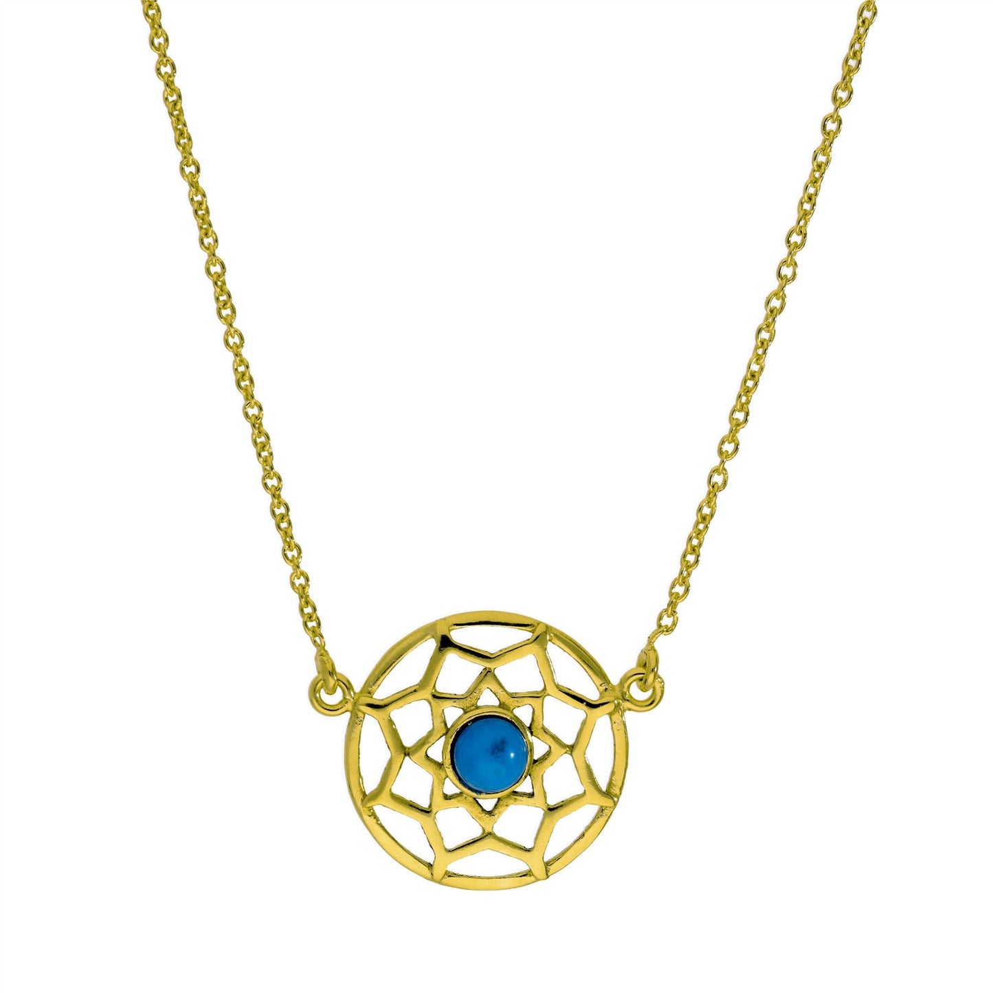 Gold Plated Sterling Silver & Blue Enamel Dreamcatcher Necklace w 18 Inch Chain