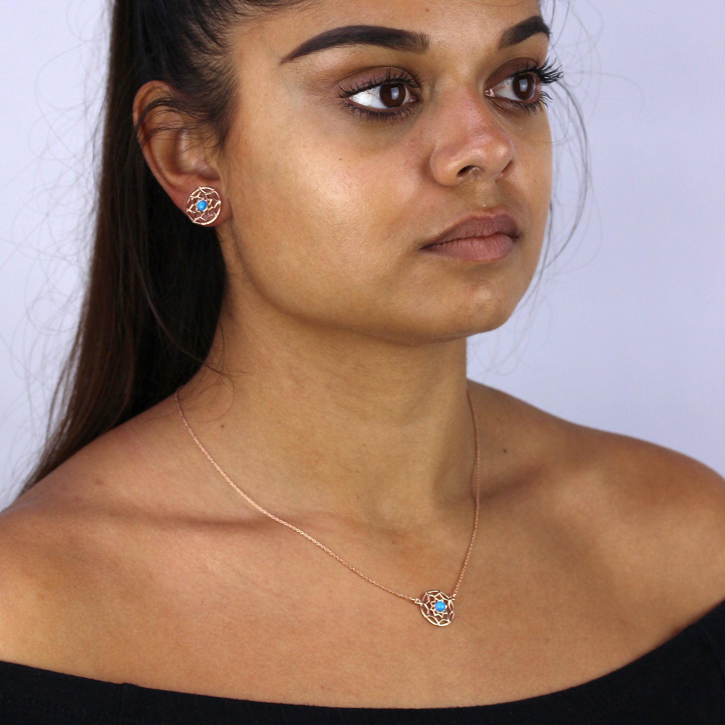 Rose Gold Plated Sterling Silver & Blue Enamel Dreamcatcher Necklace w 18 Inch Chain